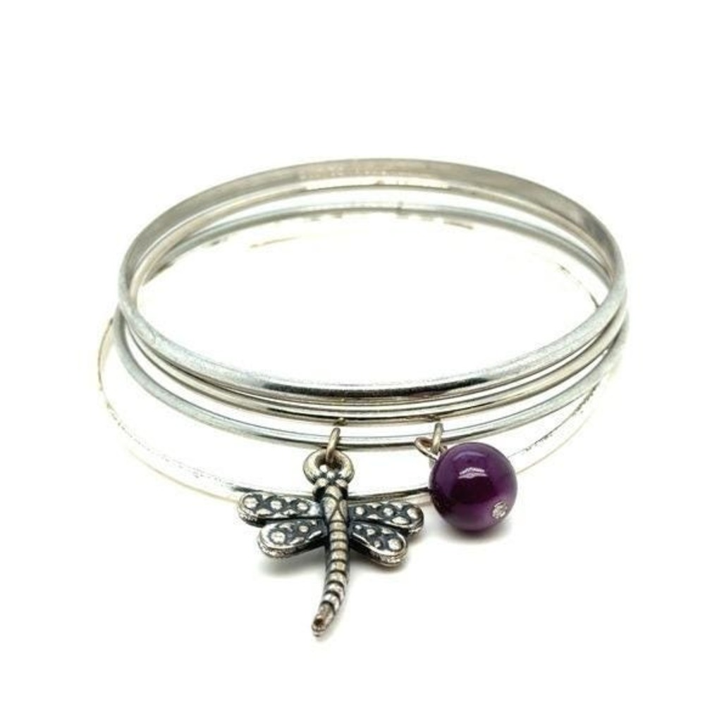 Silver Dragonfly Charm Bangle with Purple Bead (c1)